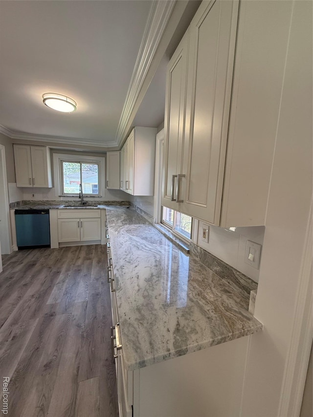 19612 Gaukler St, Saint Clair Shores, MI 48080 - kitchen with dishwashing machine, crown molding, light stone counters, wood finished floors, and white cabinets