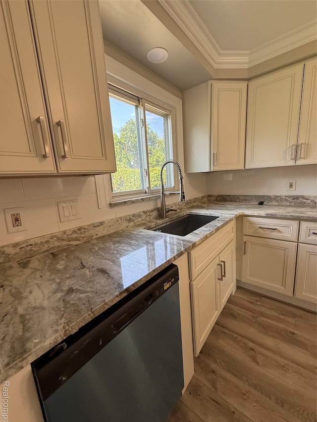 19612 Gaukler St, Saint Clair Shores, MI 48080 - kitchen featuring stainless steel dishwasher, wood finished floors, ornamental molding, light stone counters, and white cabinetry