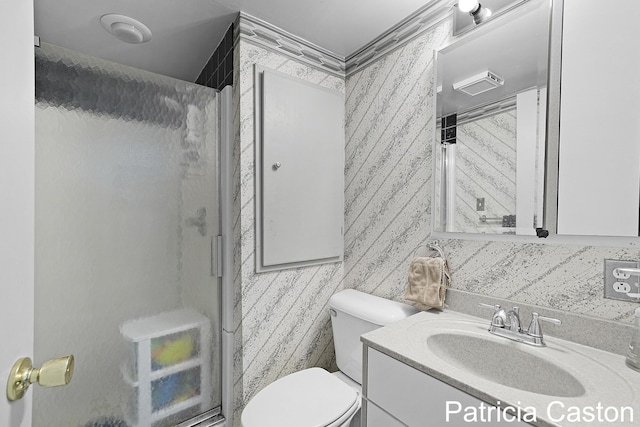 4707 Cannonsburg Rd NE, Belmont, MI 49306 - bathroom featuring vanity, wallpapered walls, and an enclosed shower