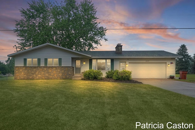 4707 Cannonsburg Rd NE, Belmont, MI 49306 - ranch-style house with driveway, an attached garage, a front lawn, a chimney, and stone siding