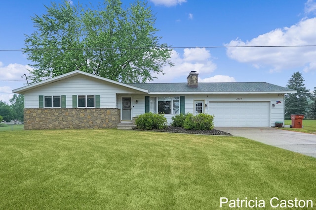 4707 Cannonsburg Rd NE, Belmont, MI 49306 - ranch-style home featuring driveway, an attached garage, a front lawn, and a chimney