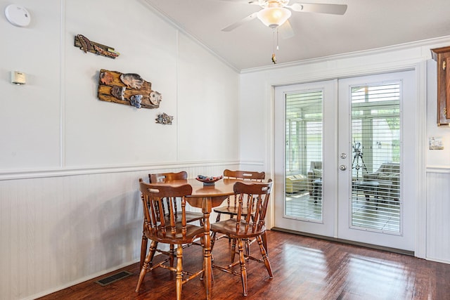 432 Spaulding Dr, Coldwater, MI 49036 - dining space with french doors, crown molding, ceiling fan, a decorative wall, and wainscoting