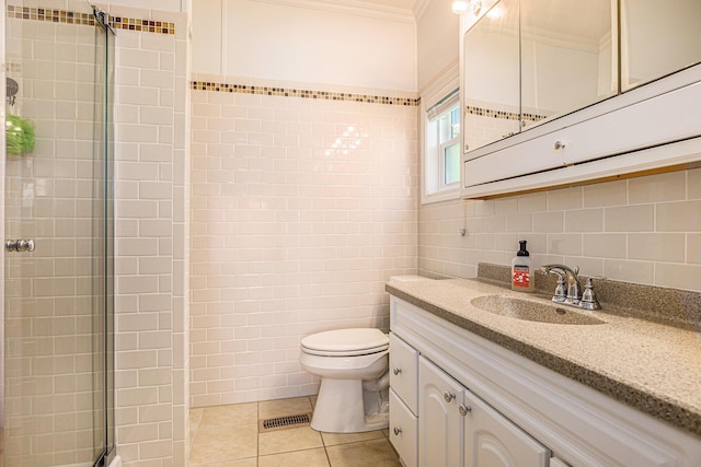432 Spaulding Dr, Coldwater, MI 49036 - full bath featuring ornamental molding, tile walls, vanity, tiled shower, and tile patterned flooring
