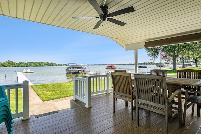 432 Spaulding Dr, Coldwater, MI 49036 - wooden terrace with a water view, a ceiling fan, and a boat dock