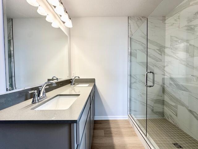 LOT100 Wren Dr SE, Caledonia, MI 49316 - full bathroom featuring double vanity, wood finished floors, and a stall shower