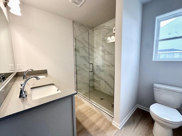 LOT100 Wren Dr SE, Caledonia, MI 49316 - bathroom featuring double vanity, a shower stall, and wood finished floors