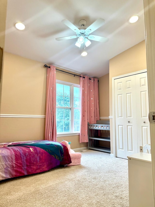 7366 Maplelawn Dr, Ypsilanti, MI 48197 - bedroom featuring carpet flooring, recessed lighting, ceiling fan, and a closet