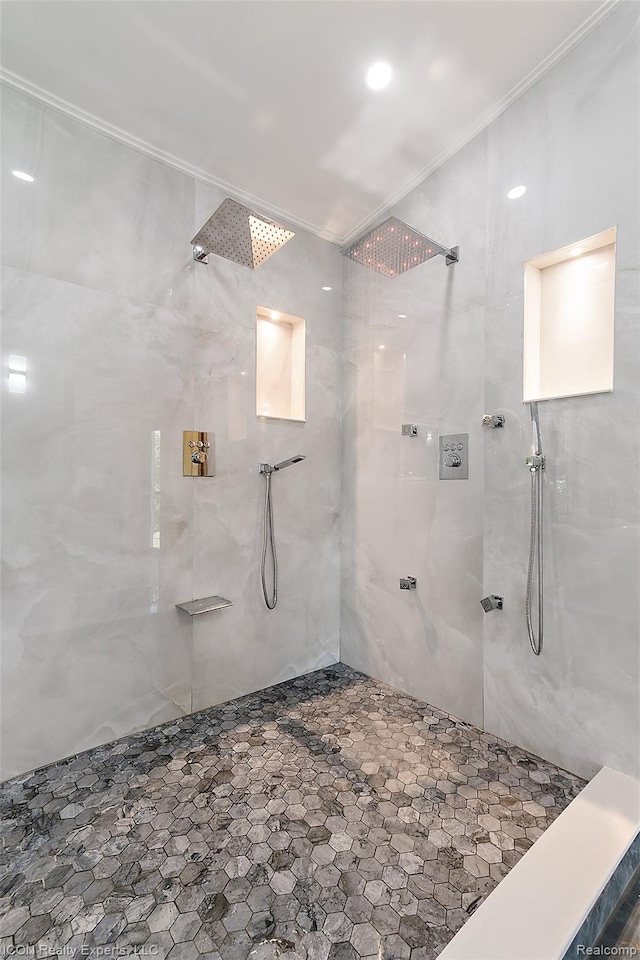 6727 Napier Rd, Plymouth, MI 48170 - full bath featuring tiled shower and crown molding