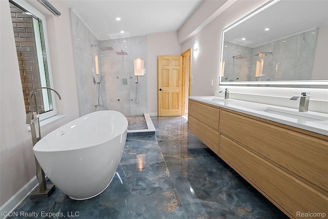 6727 Napier Rd, Plymouth, MI 48170 - bathroom featuring a stall shower, double vanity, marble tiled flooring, a soaking tub, and recessed lighting