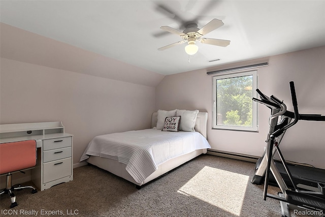 6727 Napier Rd, Plymouth, MI 48170 - carpeted bedroom featuring lofted ceiling, a ceiling fan, and a baseboard heating unit