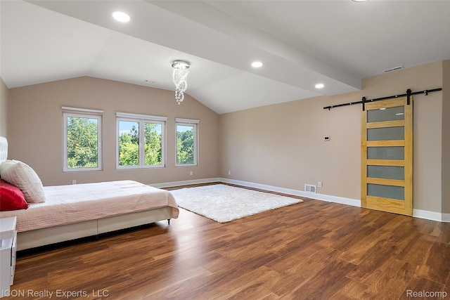 6727 Napier Rd, Plymouth, MI 48170 - bedroom featuring a barn door, wood finished floors, vaulted ceiling, and recessed lighting