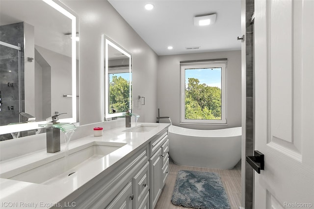 6727 Napier Rd, Plymouth, MI 48170 - bathroom with double vanity, a soaking tub, plenty of natural light, a stall shower, and recessed lighting