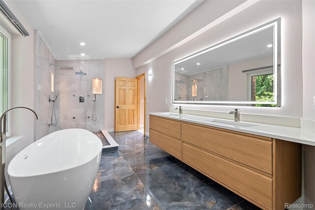 6727 Napier Rd, Plymouth, MI 48170 - full bathroom featuring marble tiled floors, a marble finish shower, double vanity, a soaking tub, and recessed lighting
