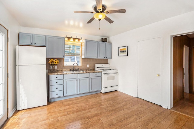 722 Conger St, South Haven, MI 49090 - kitchen with white appliances, gray cabinetry, ceiling fan, decorative backsplash, and light wood-type flooring