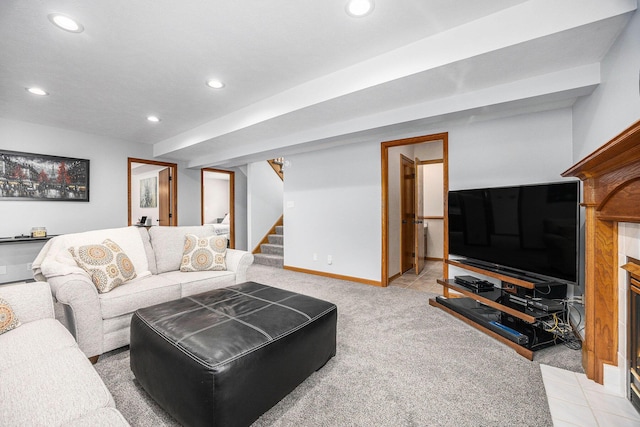 1527 Wiersma Dr, Zeeland, MI 49464 - living room featuring recessed lighting, light colored carpet, and stairway