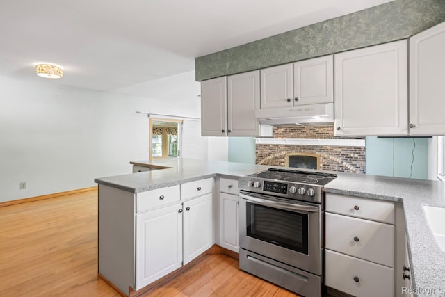 609 N Wickshire Ln, Durand, MI 48429 - kitchen featuring stainless steel range with electric stovetop, under cabinet range hood, a peninsula, and light wood-style flooring