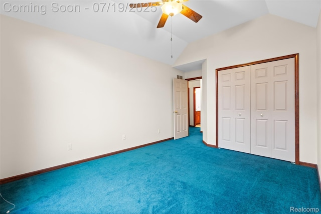 260 Forest Crest Dr, Commerce Twp, MI 48390 - unfurnished bedroom featuring vaulted ceiling, carpet, a closet, and a ceiling fan