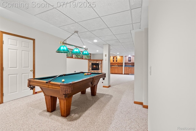 260 Forest Crest Dr, Commerce Twp, MI 48390 - recreation room featuring billiards table, carpet, a paneled ceiling, recessed lighting, and a glass covered fireplace