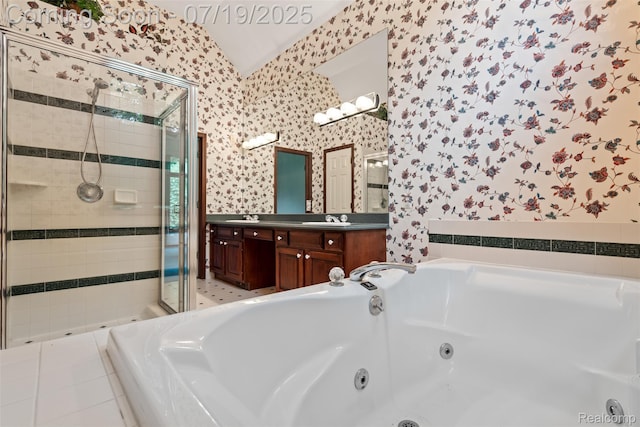 260 Forest Crest Dr, Commerce Twp, MI 48390 - bathroom featuring wallpapered walls, a stall shower, double vanity, a whirlpool tub, and lofted ceiling