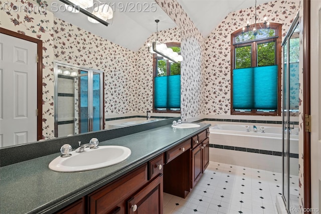 260 Forest Crest Dr, Commerce Twp, MI 48390 - full bath with lofted ceiling, wallpapered walls, a bath, double vanity, and a shower stall