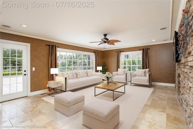 56 Oxford Rd, Grosse Pointe Shores, MI 48236 - living room featuring crown molding, a ceiling fan, recessed lighting, stone tile flooring, and a stone fireplace