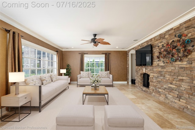 56 Oxford Rd, Grosse Pointe Shores, MI 48236 - living room featuring ornamental molding, ceiling fan, a fireplace, and recessed lighting