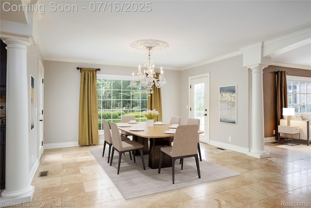 56 Oxford Rd, Grosse Pointe Shores, MI 48236 - dining space featuring ornate columns, stone tile floors, ornamental molding, and a chandelier