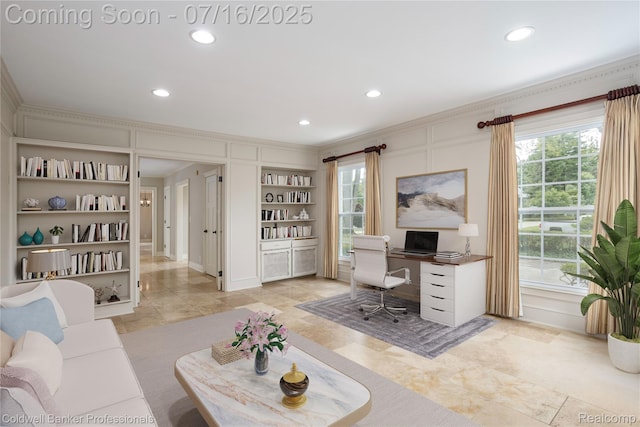 56 Oxford Rd, Grosse Pointe Shores, MI 48236 - office featuring built in shelves, ornamental molding, and recessed lighting