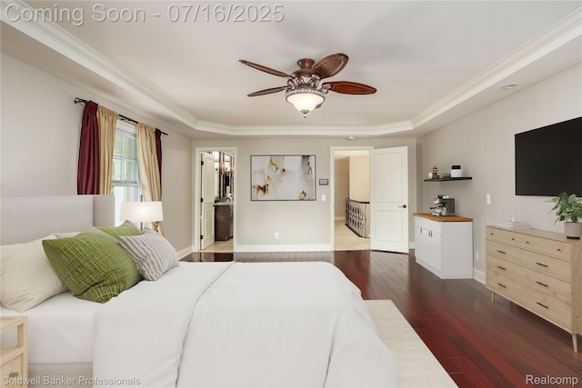 56 Oxford Rd, Grosse Pointe Shores, MI 48236 - bedroom with a raised ceiling, dark wood-style floors, ornamental molding, and ceiling fan