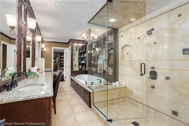 56 Oxford Rd, Grosse Pointe Shores, MI 48236 - full bath featuring a bath, vanity, a chandelier, crown molding, and a stall shower