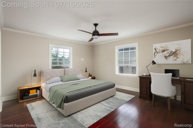 56 Oxford Rd, Grosse Pointe Shores, MI 48236 - bedroom with ornamental molding, dark wood-style flooring, a ceiling fan, and a desk