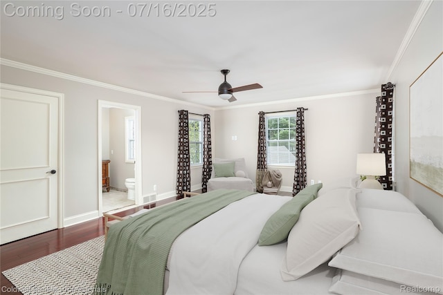 56 Oxford Rd, Grosse Pointe Shores, MI 48236 - bedroom featuring wood finished floors, ornamental molding, ensuite bath, and ceiling fan