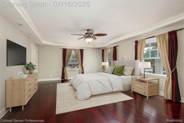 56 Oxford Rd, Grosse Pointe Shores, MI 48236 - bedroom with a raised ceiling, multiple windows, dark wood-type flooring, ornamental molding, and a ceiling fan