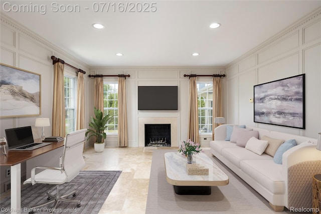 56 Oxford Rd, Grosse Pointe Shores, MI 48236 - living area with plenty of natural light, recessed lighting, a desk, a fireplace, and crown molding