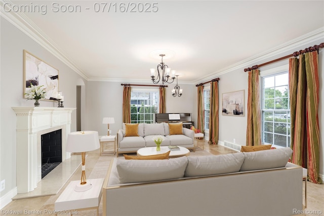 56 Oxford Rd, Grosse Pointe Shores, MI 48236 - living room with crown molding, a chandelier, healthy amount of natural light, and a high end fireplace