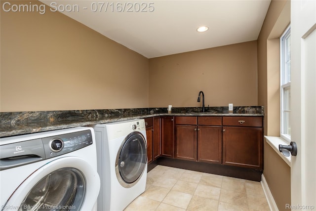 56 Oxford Rd, Grosse Pointe Shores, MI 48236 - laundry room featuring independent washer and dryer, cabinet space, recessed lighting, and light tile patterned floors