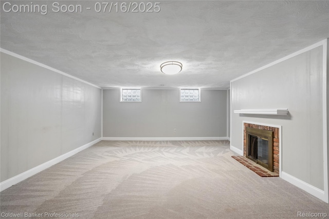 56 Oxford Rd, Grosse Pointe Shores, MI 48236 - below grade area with carpet floors, a fireplace, a textured ceiling, and ornamental molding