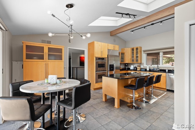 579 Budlong St, Adrian, MI 49221 - kitchen with a skylight, appliances with stainless steel finishes, track lighting, dark countertops, and light brown cabinetry