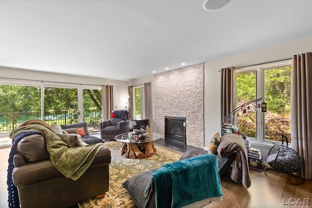 579 Budlong St, Adrian, MI 49221 - living room featuring wood finished floors, a stone fireplace, a textured ceiling, and recessed lighting