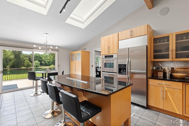 579 Budlong St, Adrian, MI 49221 - kitchen featuring stainless steel appliances, a skylight, lofted ceiling, backsplash, and a kitchen breakfast bar
