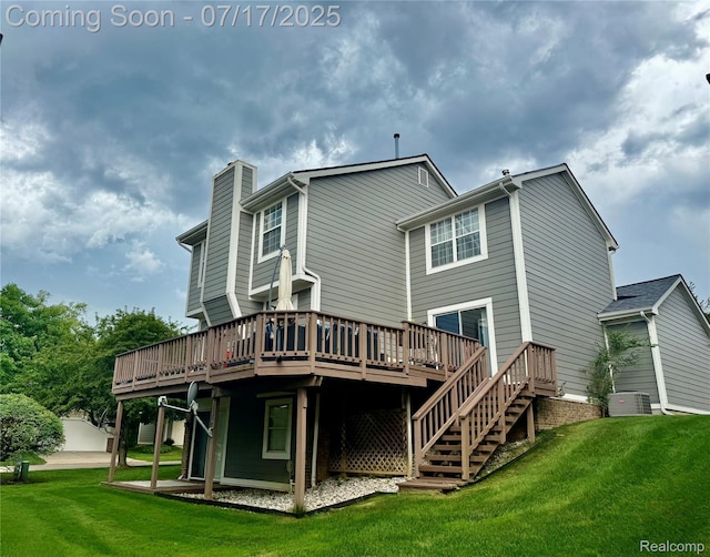 31199 Columbia Dr, Novi, MI 48377 - back of house with a wooden deck, a chimney, a yard, and stairway