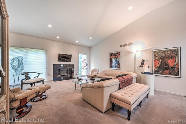 7071 Deerwood Trl Unit 28, West Bloomfield, MI 48323 - living area with carpet floors, lofted ceiling, and recessed lighting