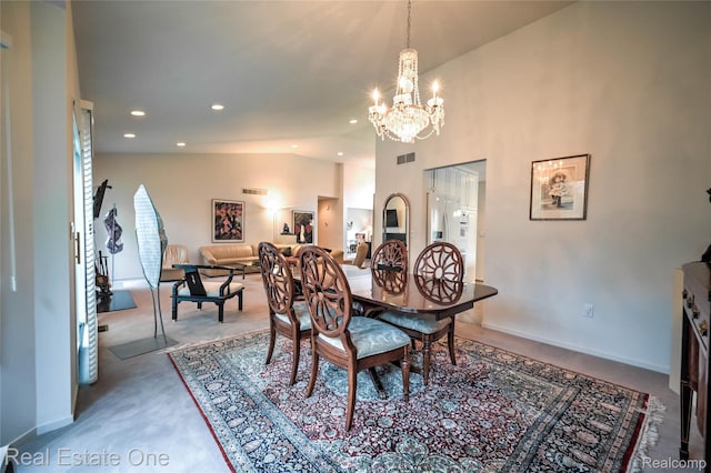 7071 Deerwood Trl Unit 28, West Bloomfield, MI 48323 - dining room with carpet, vaulted ceiling, a chandelier, and recessed lighting