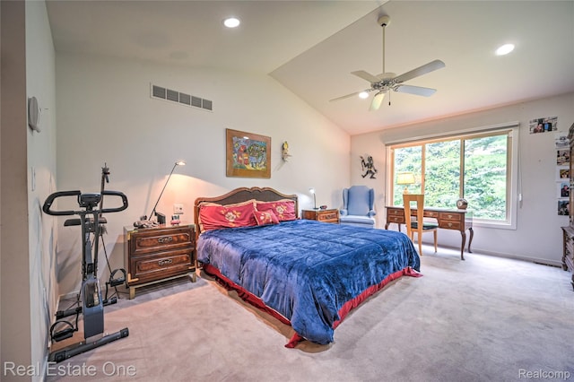 7071 Deerwood Trl Unit 28, West Bloomfield, MI 48323 - carpeted bedroom featuring lofted ceiling, ceiling fan, and recessed lighting