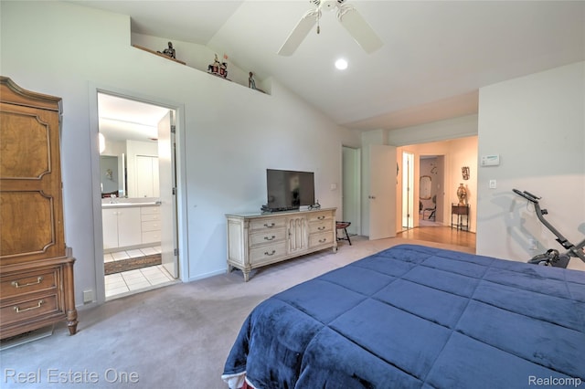 7071 Deerwood Trl Unit 28, West Bloomfield, MI 48323 - bedroom with light colored carpet, lofted ceiling, ensuite bathroom, and ceiling fan