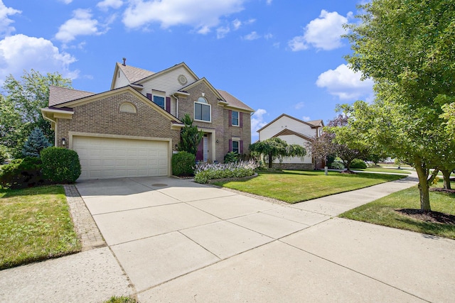 7269 Wellington Ln, Ypsilanti, MI 48197 - traditional home featuring brick siding, a front lawn, concrete driveway, and a garage