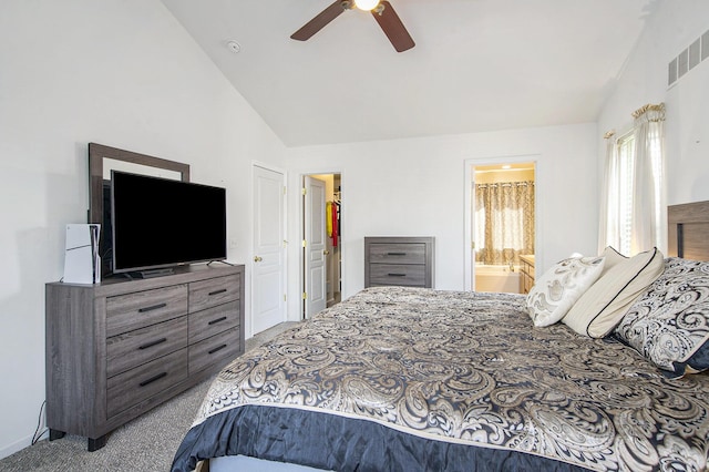 7269 Wellington Ln, Ypsilanti, MI 48197 - carpeted bedroom featuring vaulted ceiling, ensuite bath, and a ceiling fan