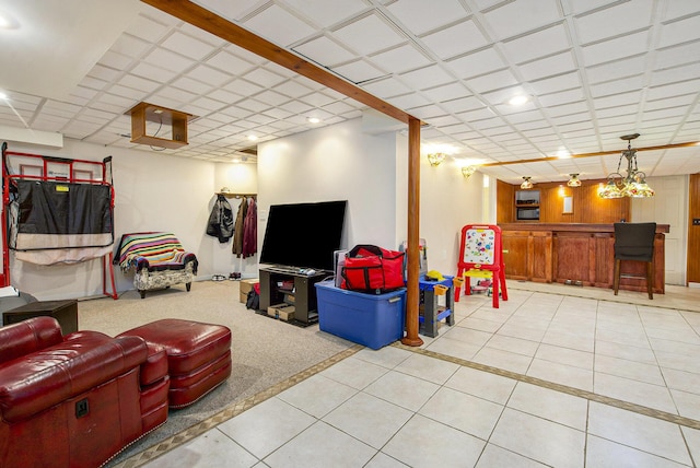 7269 Wellington Ln, Ypsilanti, MI 48197 - tiled living area with bar, recessed lighting, and carpet floors