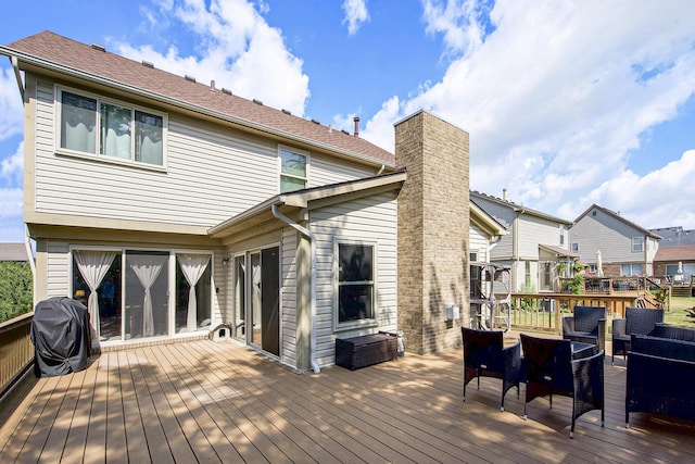 7269 Wellington Ln, Ypsilanti, MI 48197 - wooden terrace with a grill, an outdoor living space, and a residential view