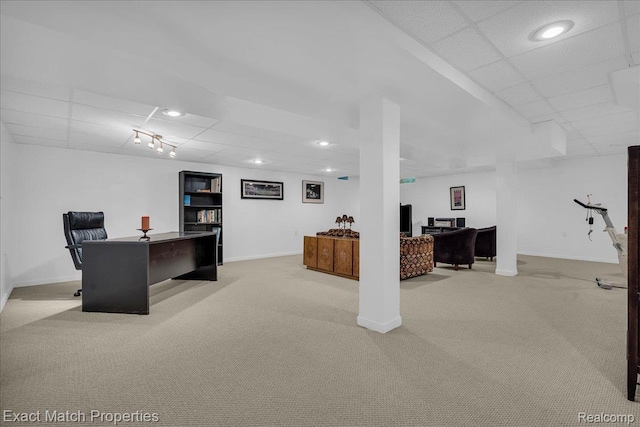 3742 Hearthstone Dr, Commerce Twp, MI 48382 - office area featuring a paneled ceiling, light carpet, and recessed lighting